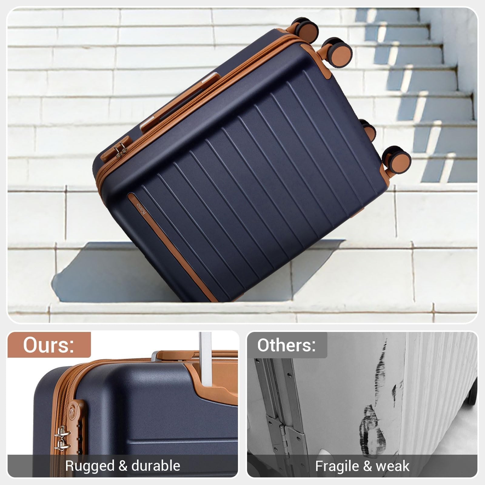 Kono Large Suitcase 28in Expandable ABS+PC 8pcs Silent Wheels luggage Navy/Br…