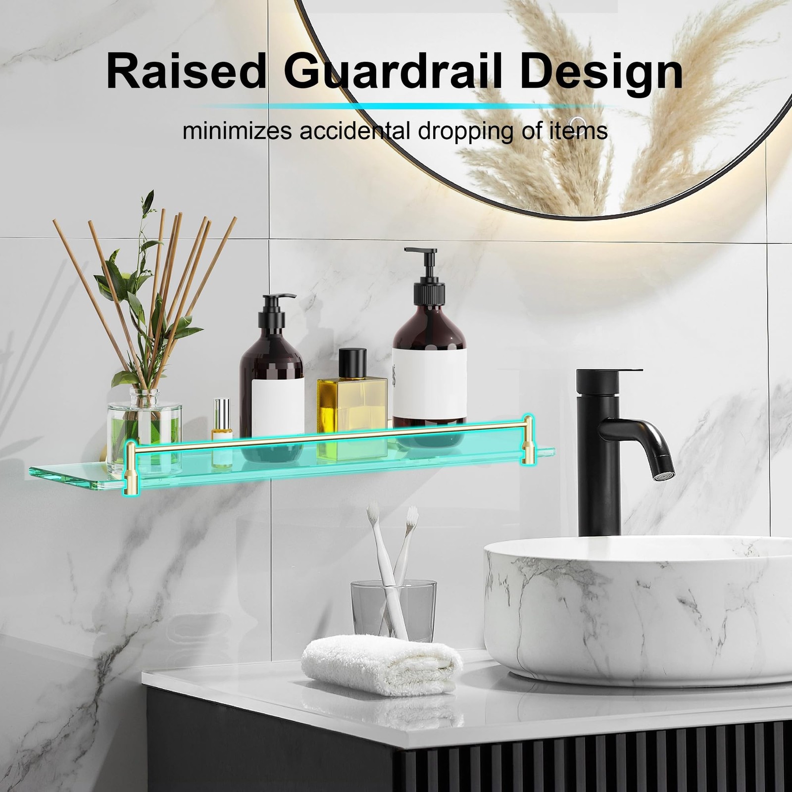 20 Inches Glass Shelves for Bathroom, Brushed Gold Floating Glass Shelf Stain…