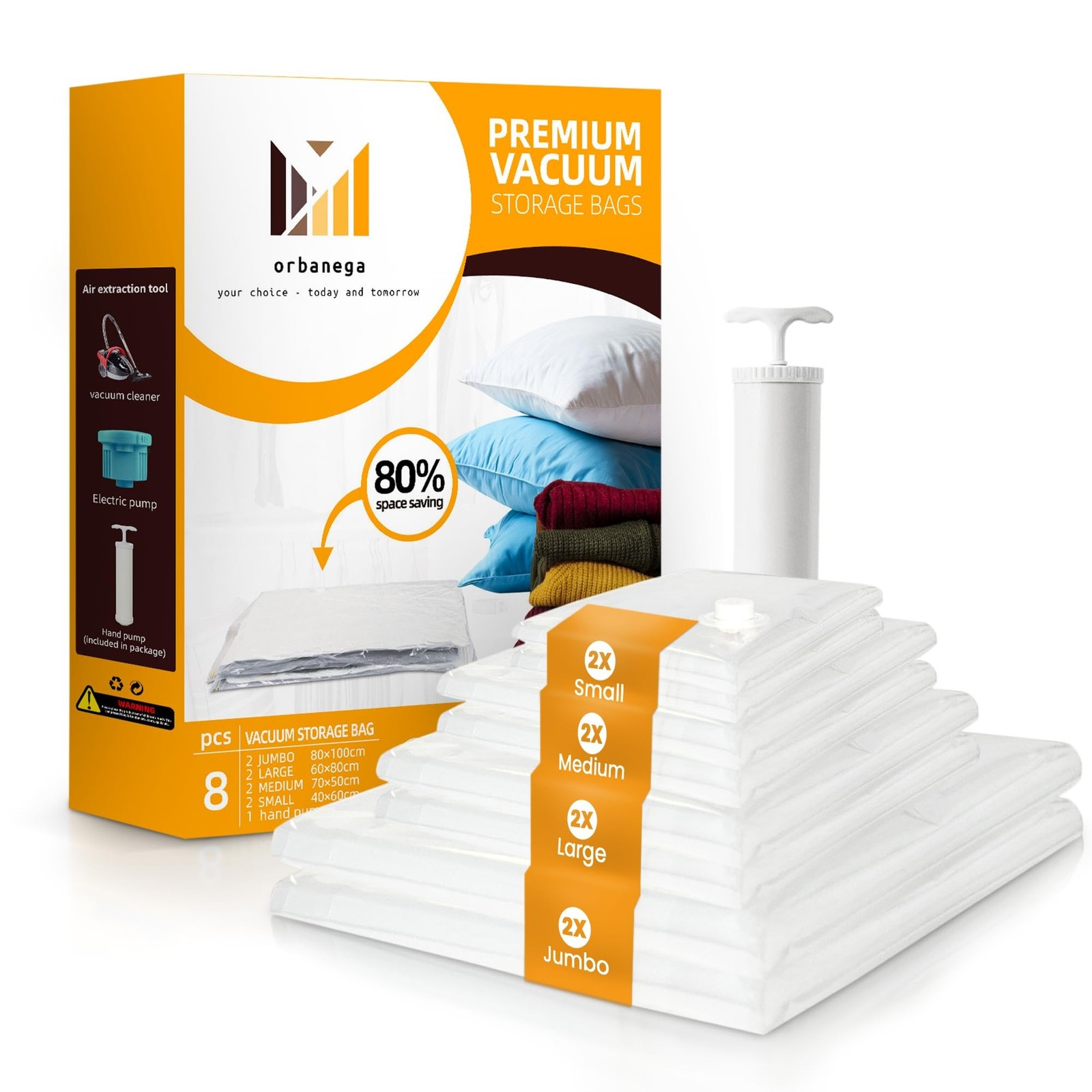 Vacuum Storage Bags,8 pack with Hand Pump .(2 Jumbo,2 Large,2 Medium,2 Small)…