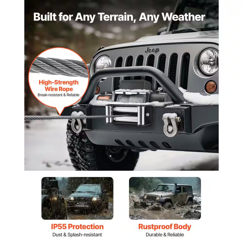 Electric Winch 12V DC Truck Winch 12000 Lbs. Load Capacity, with 0.36 In. X80 Ft
