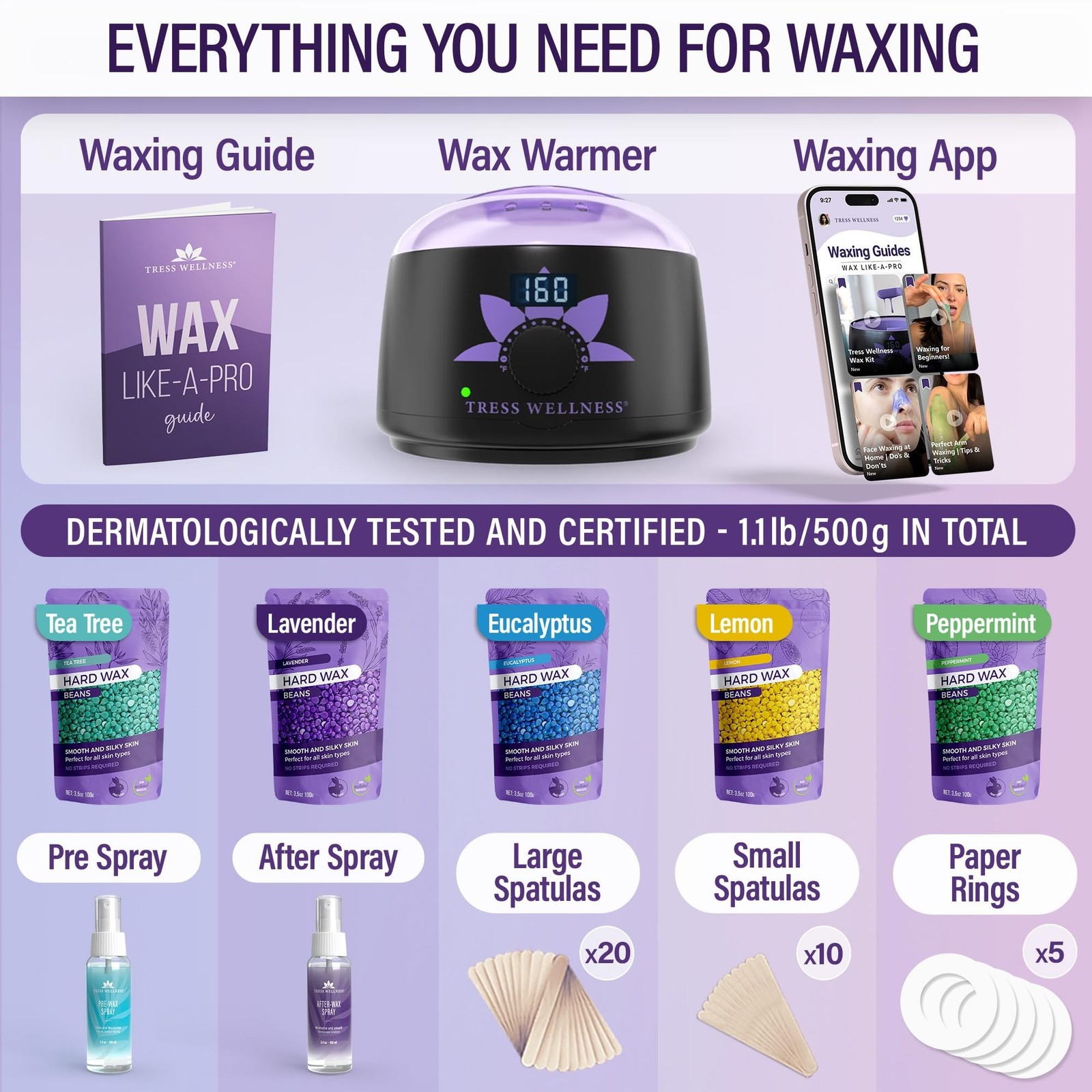 Tress Wellness Waxing Kit for Sensitive Skin, Safe for Face & Skin, Prep & Af…