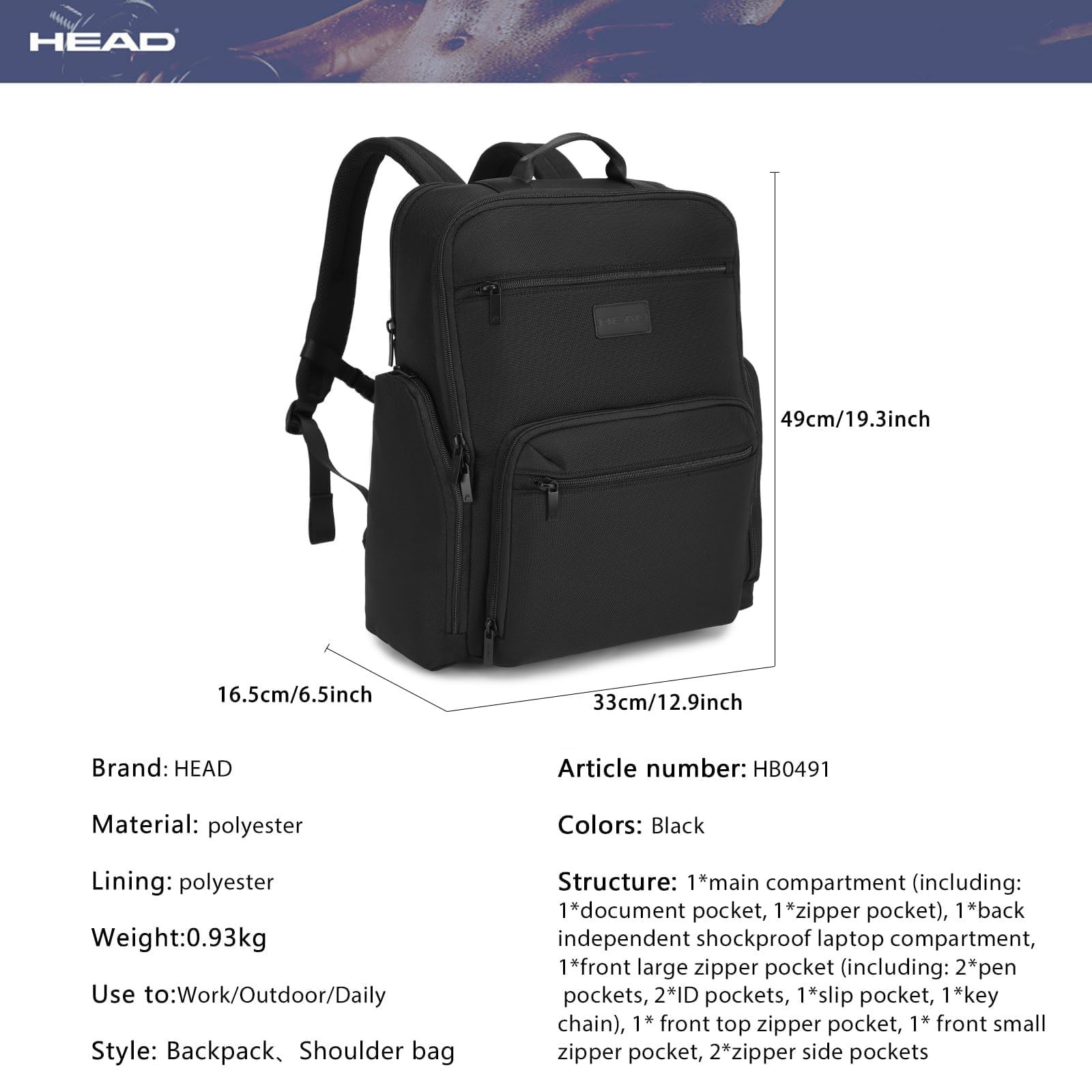 HEAD Large Laptop Backpack for Men with Trolley Sleeve, Travel Backpacks fits…