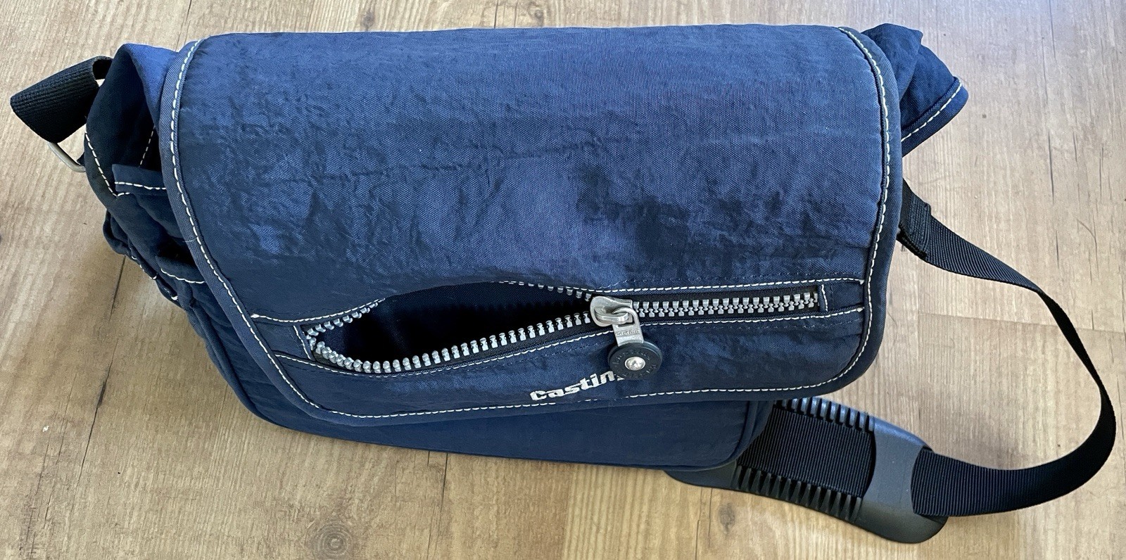 Casting Blue Nylon Camera Bag Medium 3 Divider Outside Pockets Zipper Cross Body