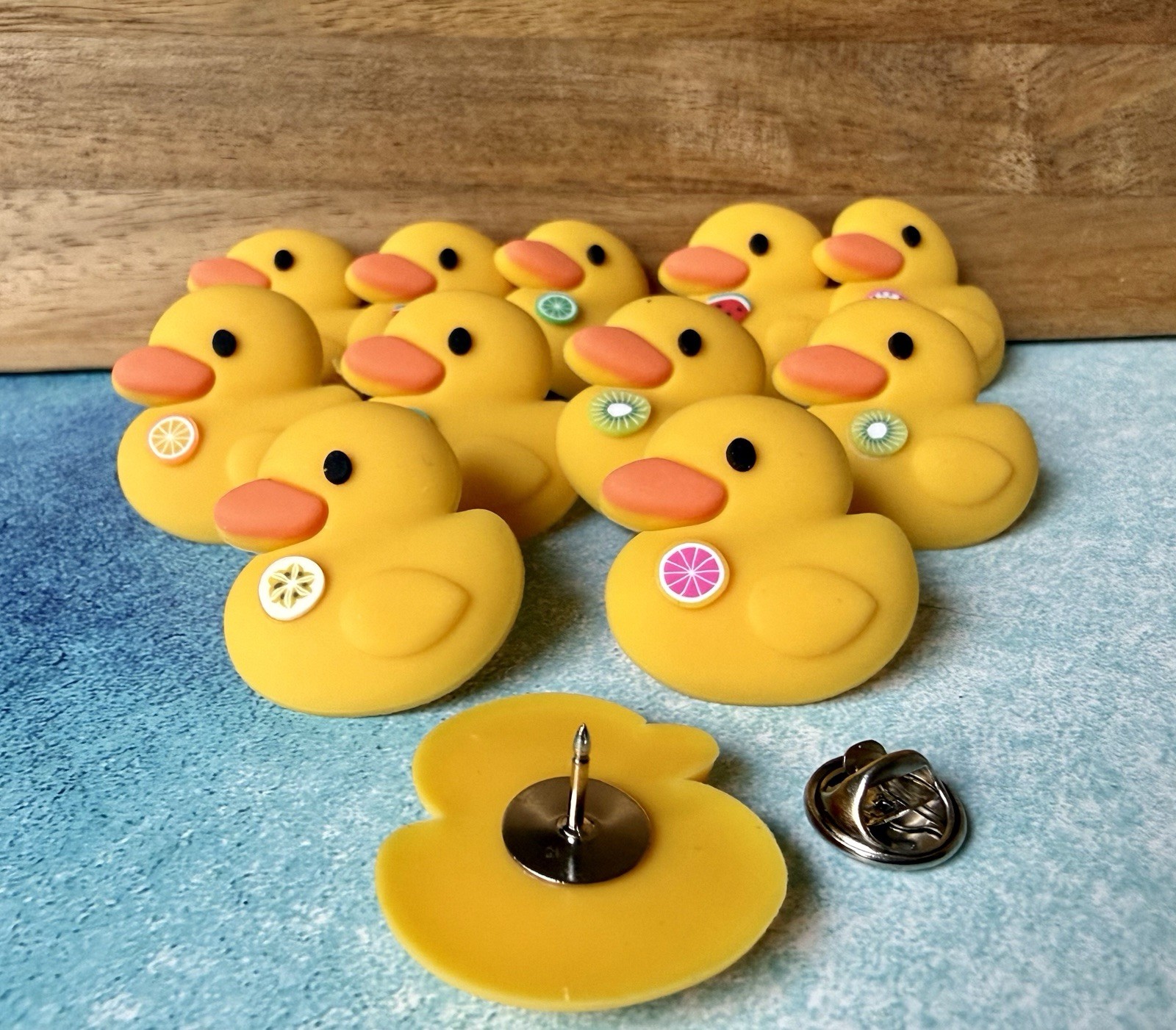 CRUISE DUCK Pins with Fruit Designs and Metal Backings. JEEP DUCKS. Duck pins.