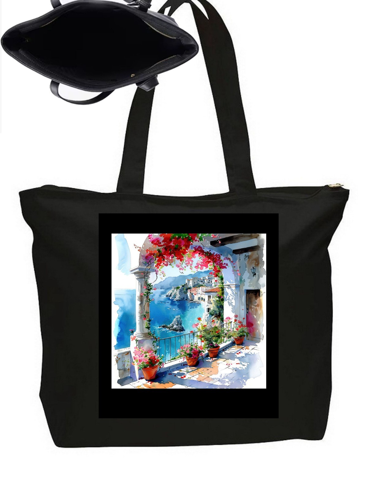 Seaside Ocean Greece Santorini Tote Bag Zipper Closure Travel Poster Art 20″