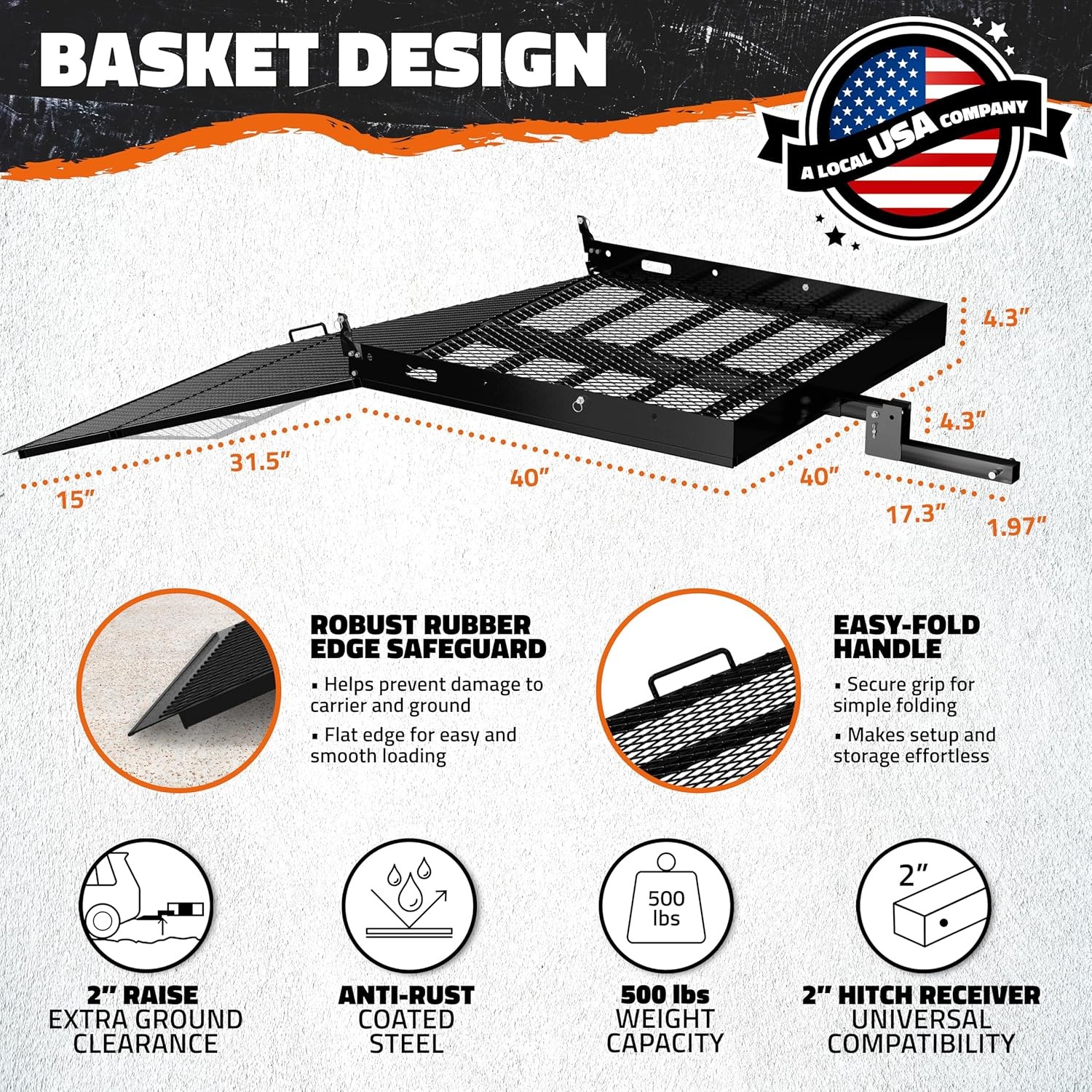 Mockins 40″x40″x4″ Square Trailer Hitch Cargo Carrier with Ramp | 500lbs Cap Ste