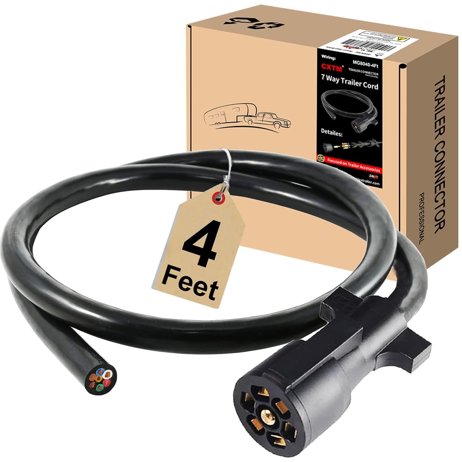 7 Way Trailer Cord 4FT Heavy Duty Trailer Plug Inline Wiring Harness Connector