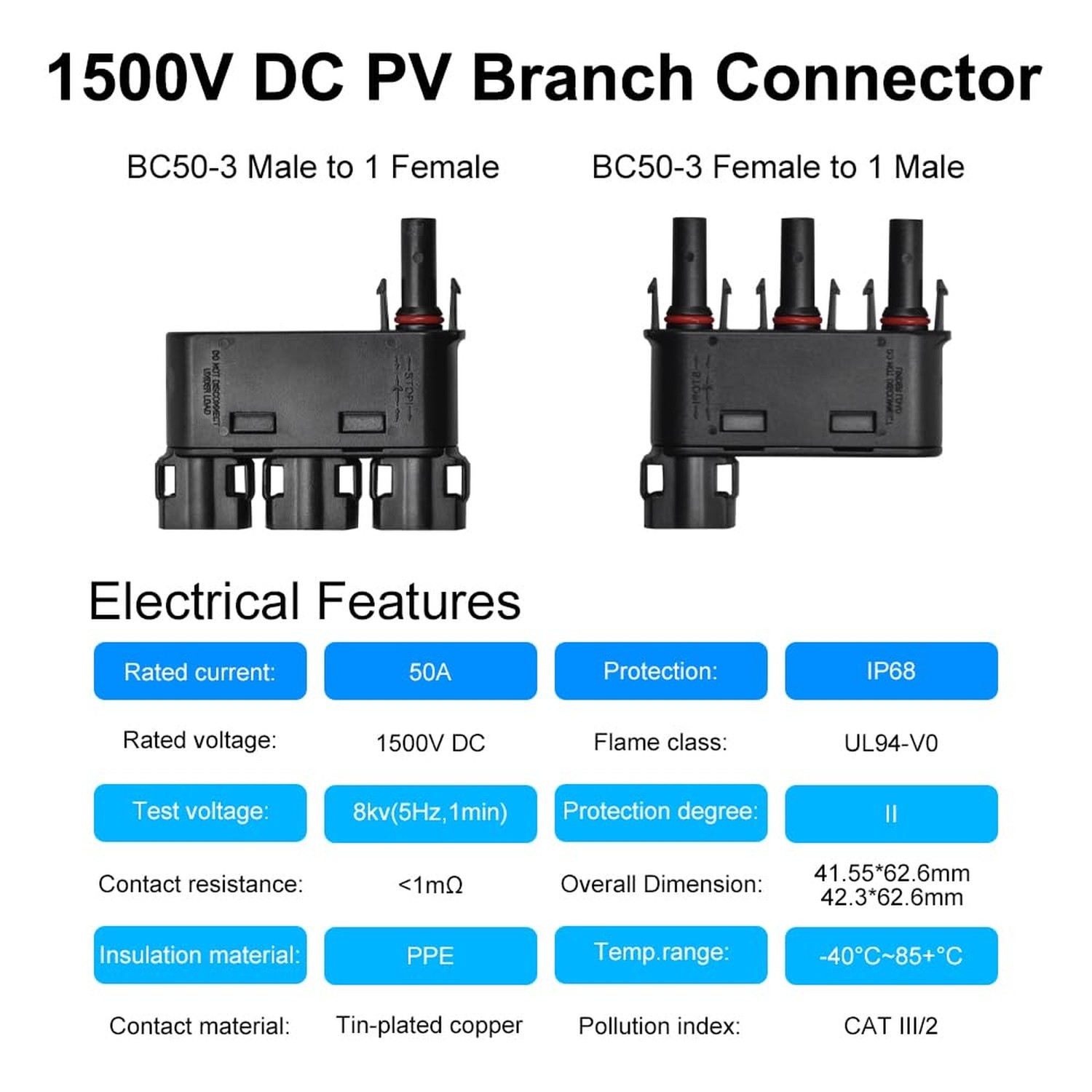 Solar Branch Connector 50A,DC1500V IP68 Waterproof 3 to 1 Y Connectors for Pa…