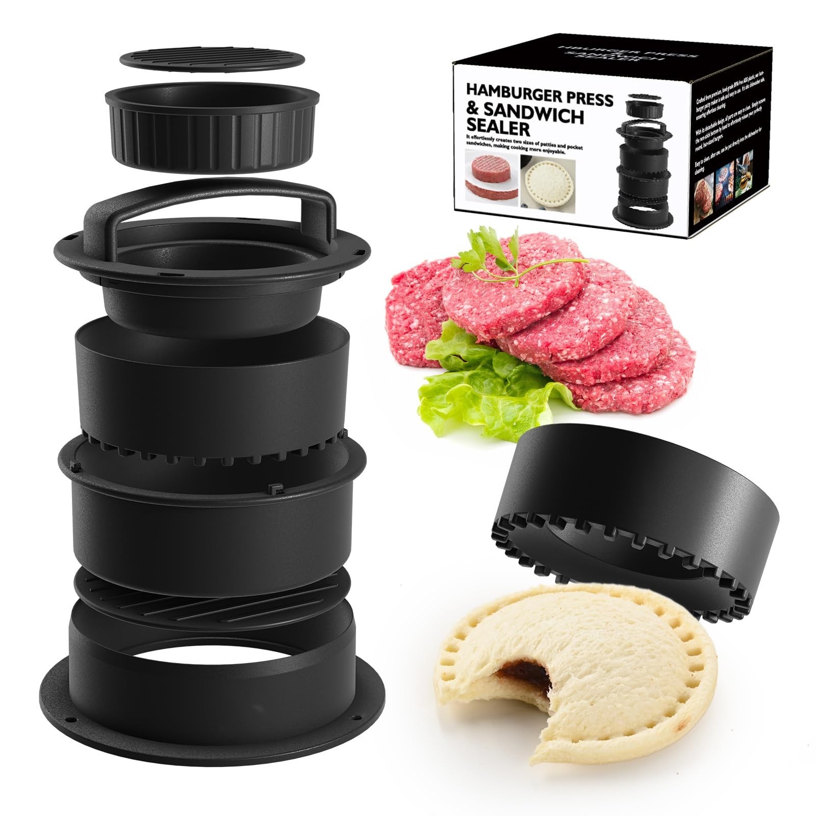 4-in-1 Burger Press Patty Maker, Sandwich Cutter and Sealer Set with 100 pcs …