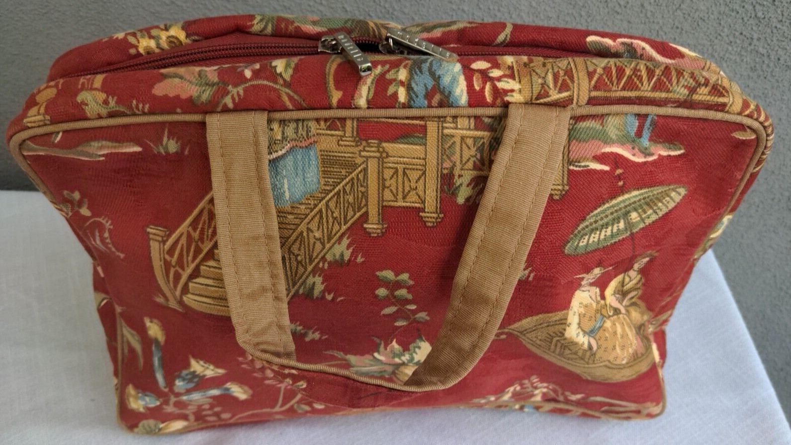Modella 14″ Lrg Toiletry Travel Bag Organizer Red Gold Fabric Pagoda Asian Scene