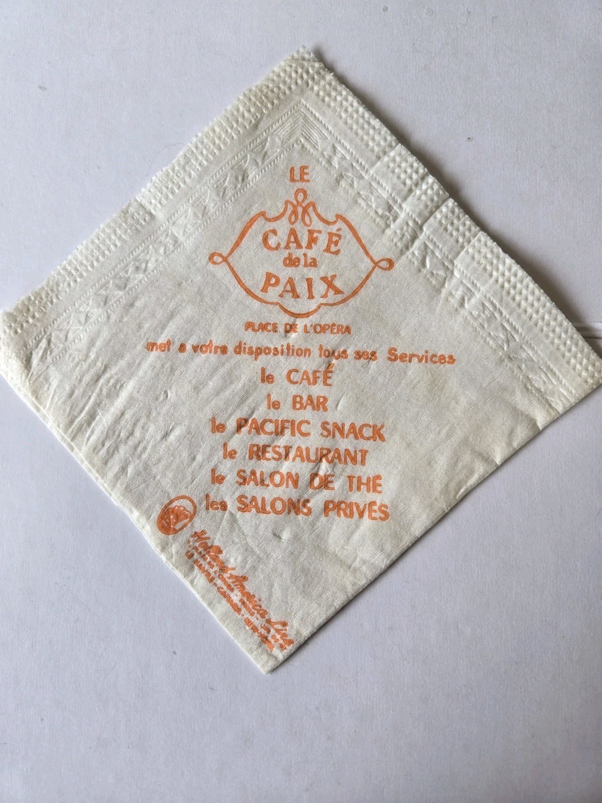 Cafe de la Paix Paris France Pacific Snack Cocktail Bar Napkins Holland America