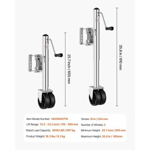 Trailer Jack with Wheel, 2000 lbs Load Capacity, Heavy Duty Swivel Boat Trailer