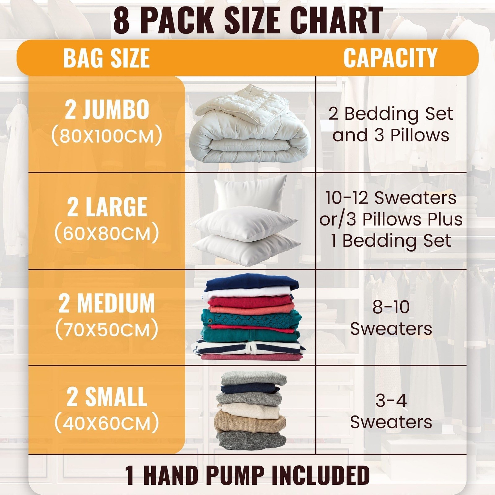 Vacuum Storage Bags,8 pack with Hand Pump .(2 Jumbo,2 Large,2 Medium,2 Small)…