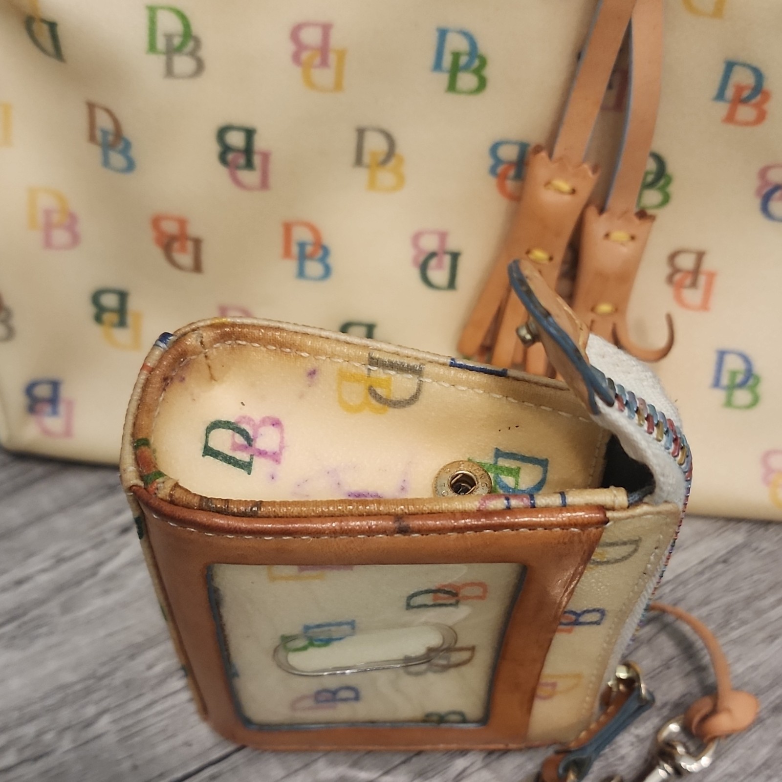 Dooney & Bourke Monogram Satchel Cream Multicolor Strap & matching coin wallet