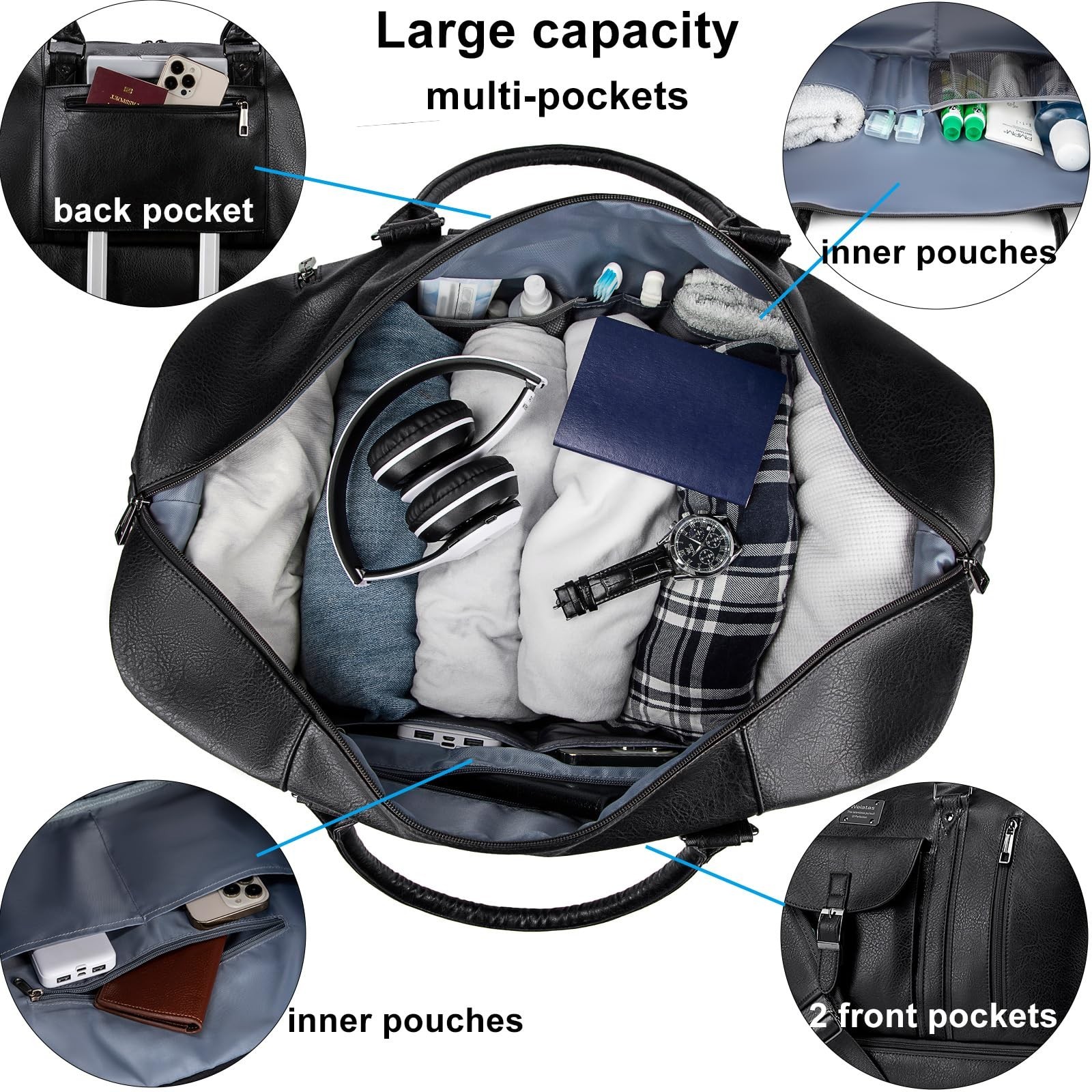 weiatas Faux Leather Travel Duffel Bag for Women Men, Large Weekender Overnig…