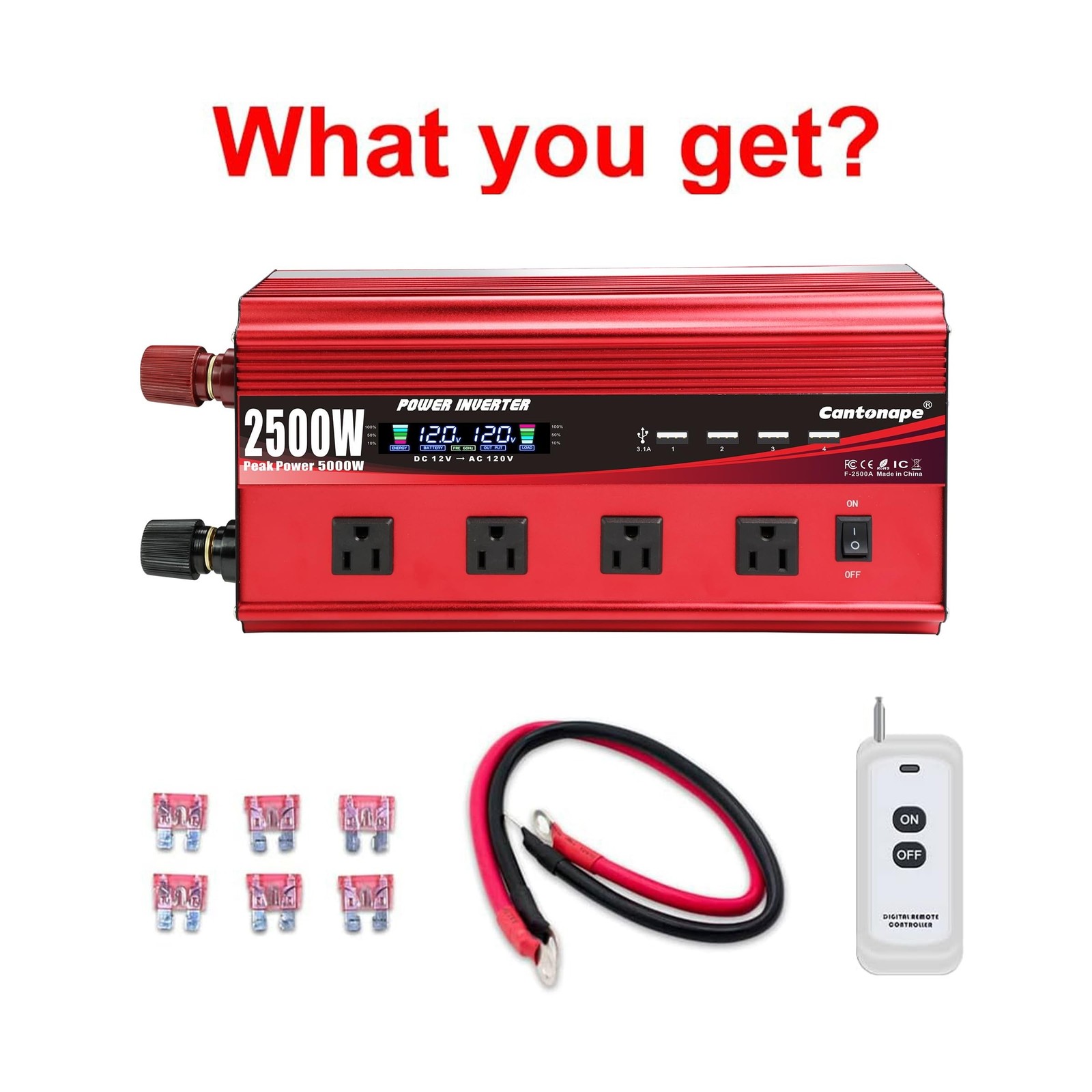 2500W Power Inverter 12V to 110V/120V DC to AC with LCD Display, Remote Contr…