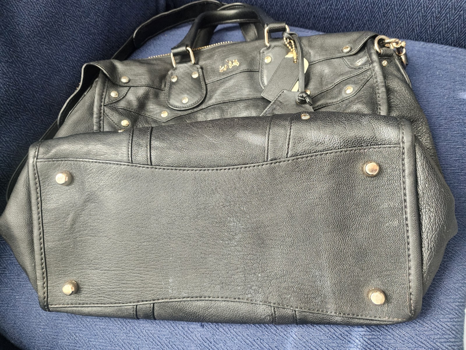 Coach Black Satchel Top Handle Gold Hardware Studded Accents Detachable Strap