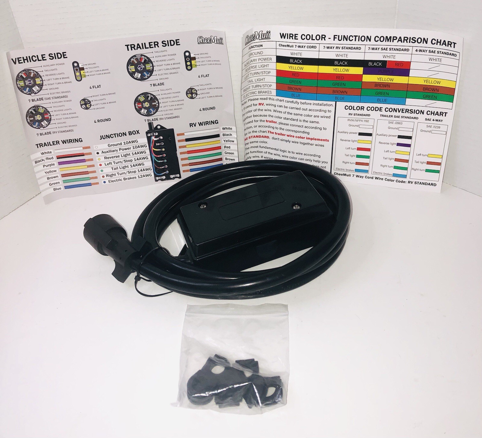 CheeMuii 7-Way Trailer Wiring Harness 8 Foot Cord w/7-Pin Plug & Junction Box RV
