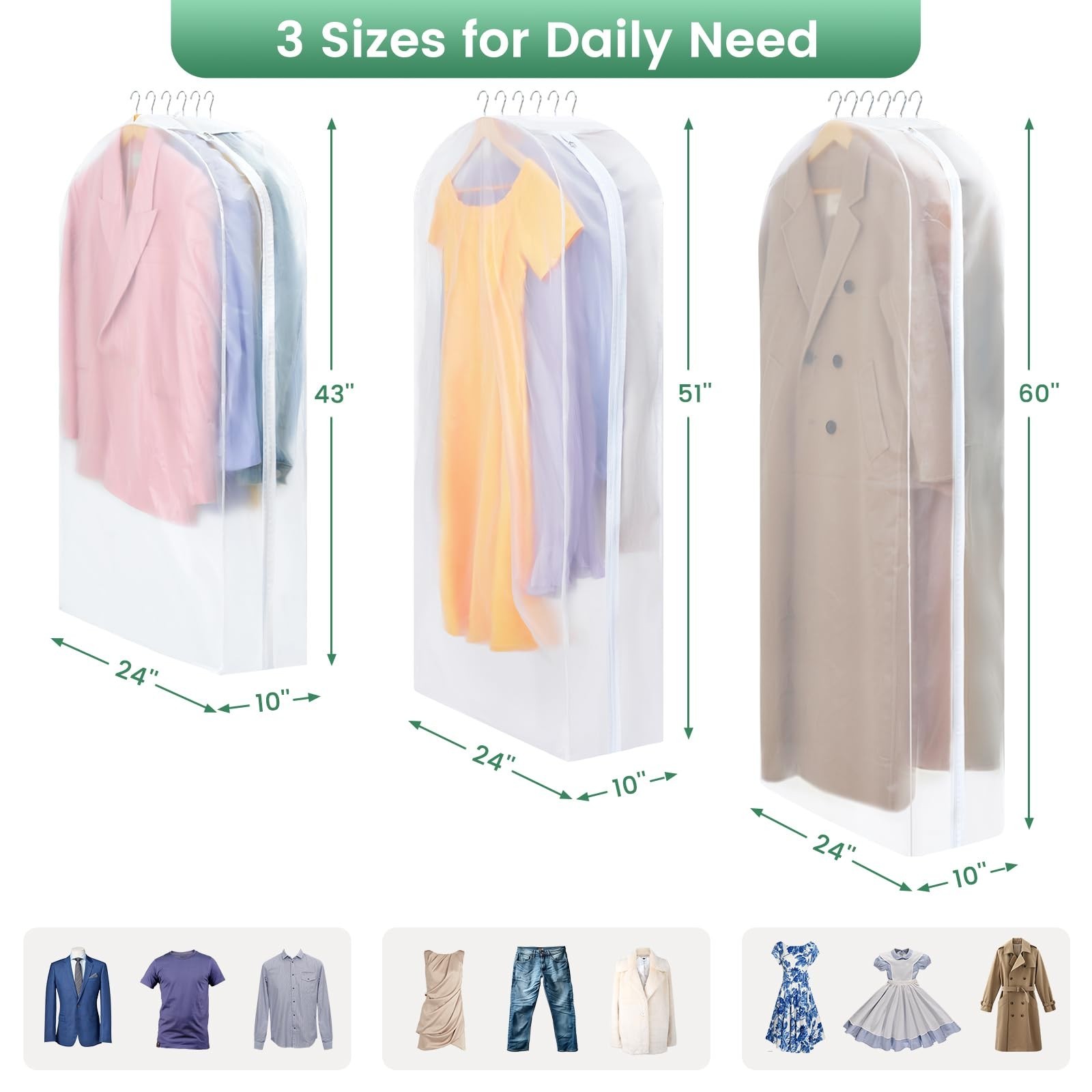 Carbrea 10″ Gusseted Garment Bags for Hanging Clothes – 3 Packs Translucent S…