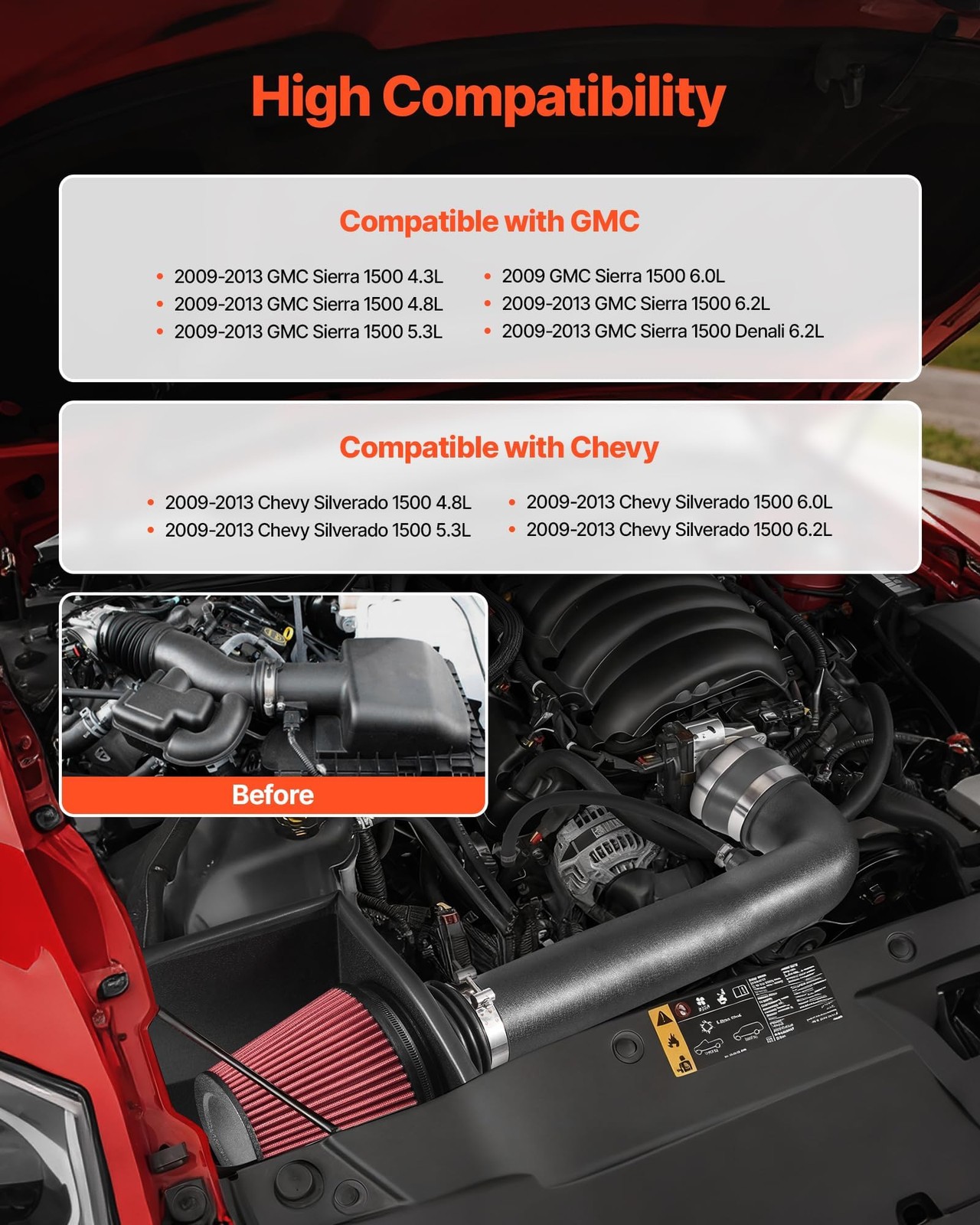 VEVOR Cold Air Intake, 3.5 Inch Cold Air Intake System + Heat Shield Compatib…