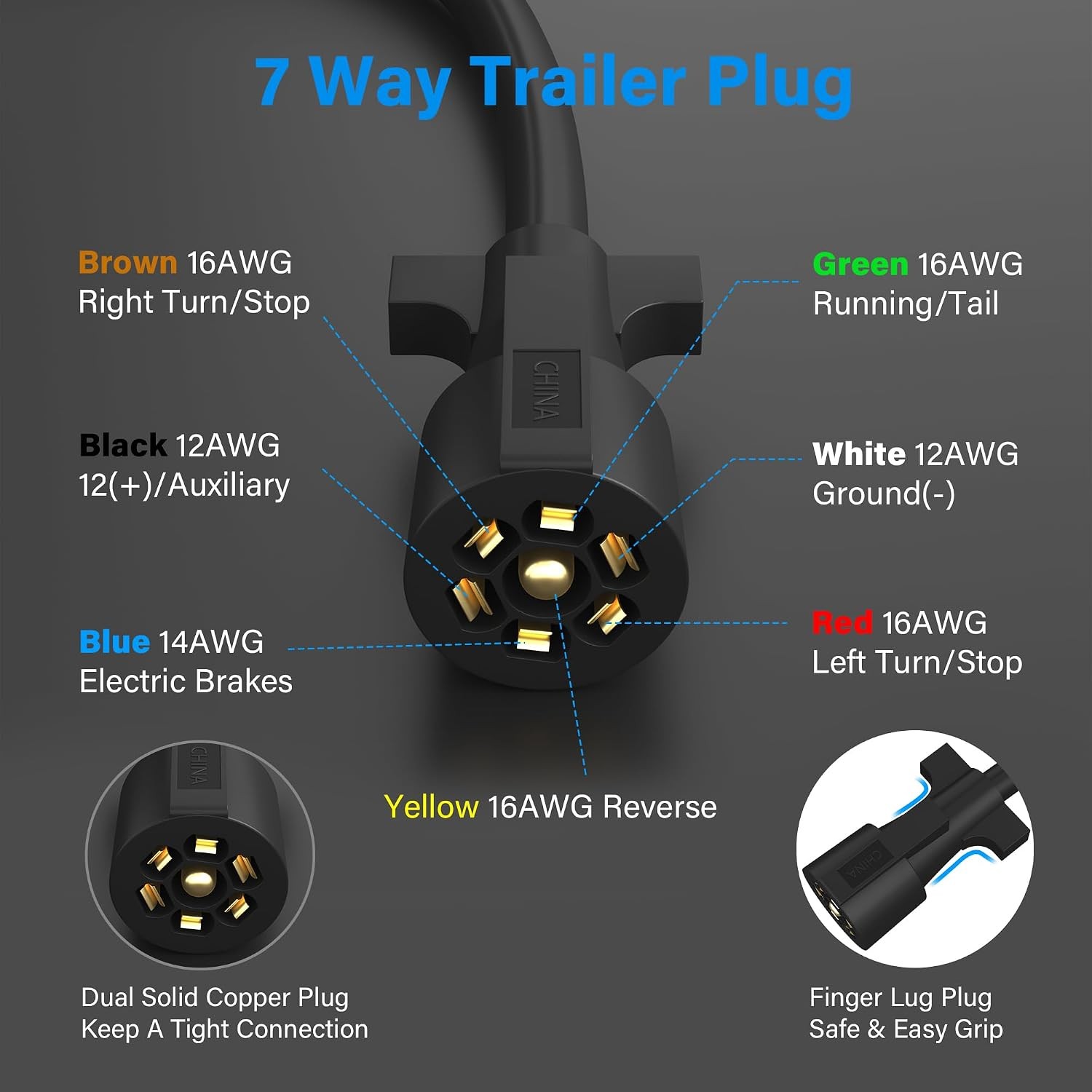 Heavy Duty 7 Way Plug Inline Trailer Cord 12 Ft 7 Gang Waterproof Wiring