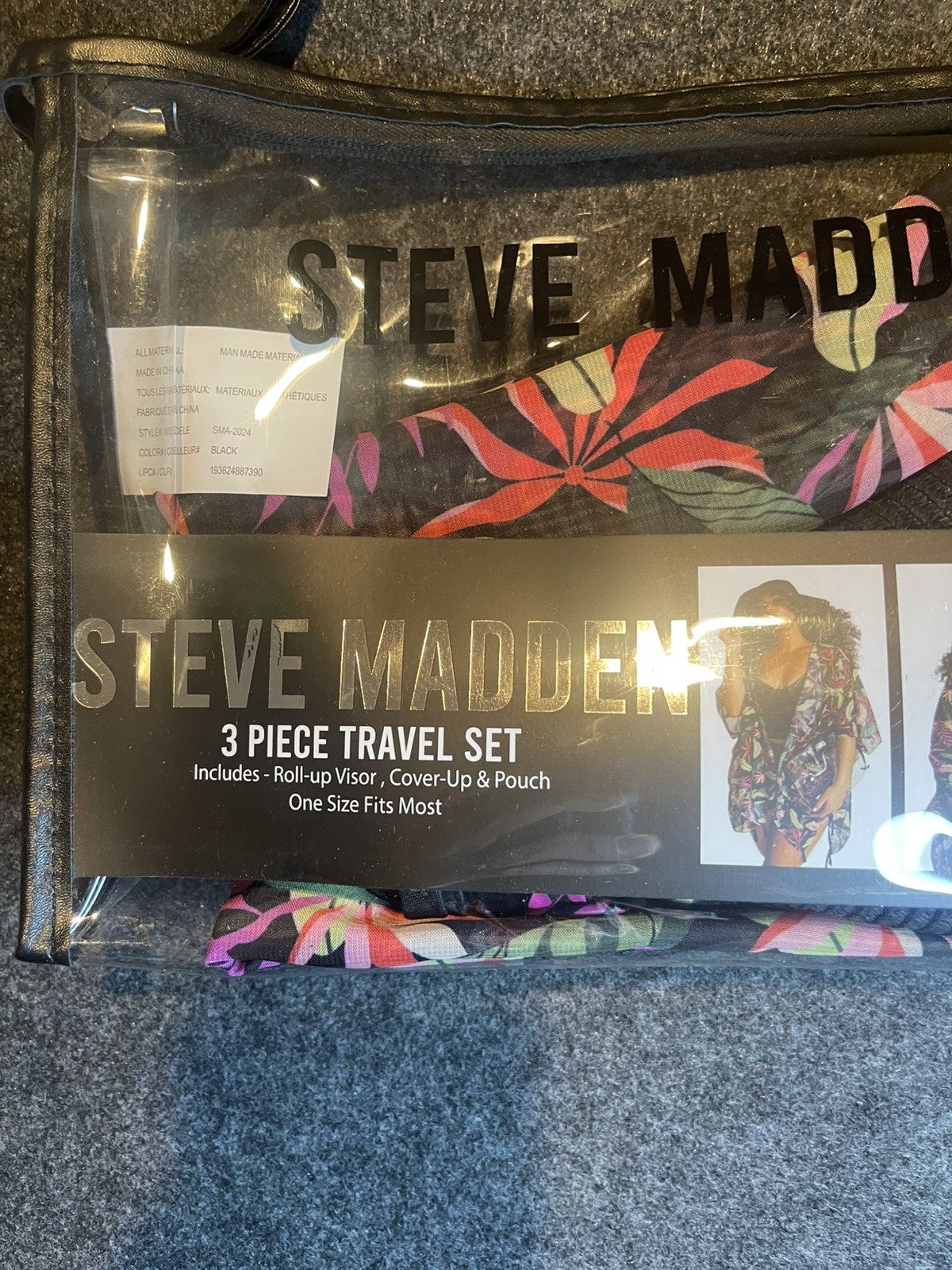 Steve Madden 3 Piece Beach Travel Set Packable Hat, Cover-Up & Pouch NEW