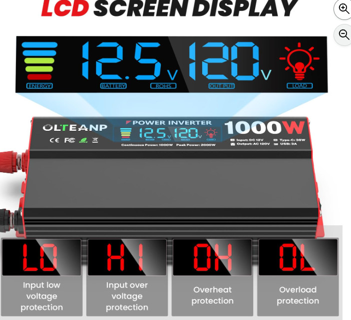 1000 Watt Power Inverter 12V DC to 110V/120V AC Car Inverter with LCD Screen