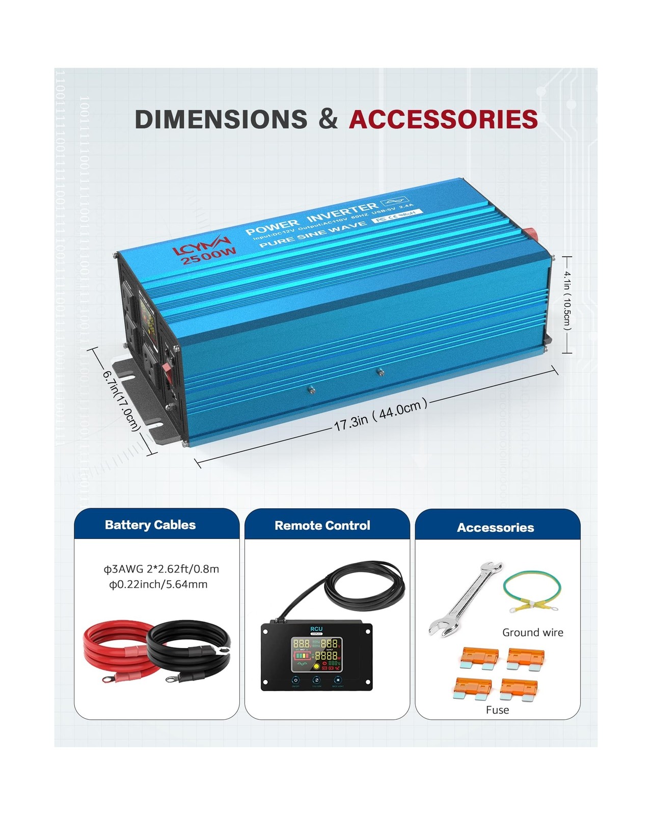 Power Inverter 2500 Watt Pure Sine Wave 12V DC to 110V/120V AC 5000W Peak Con…