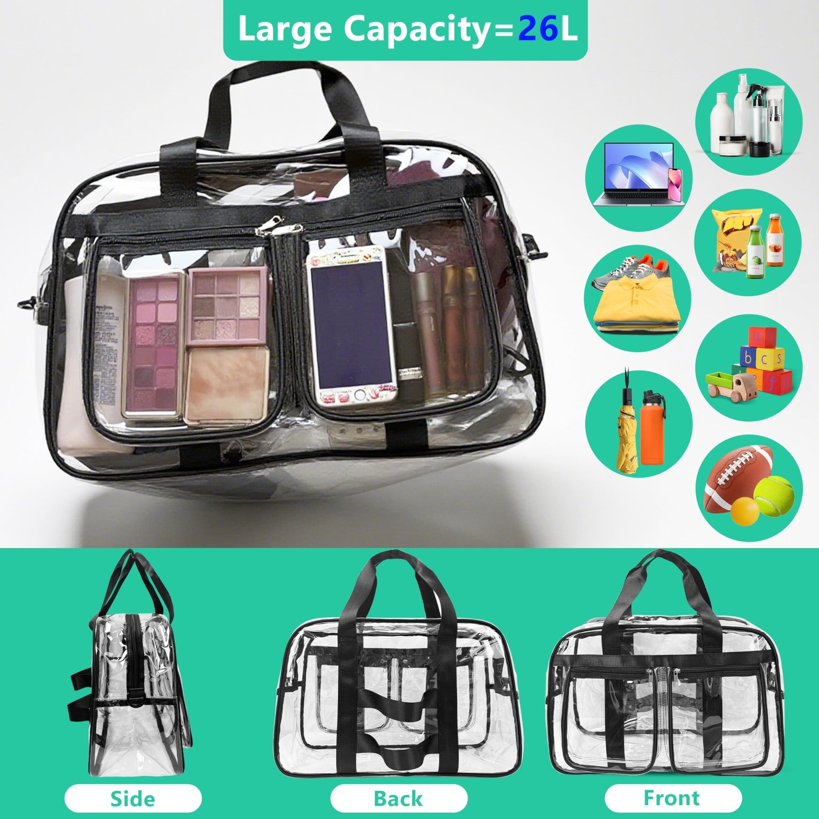 Large Clear Tote Bag 20” for Duffle, Clear Carry On Beach Bag for Travel W