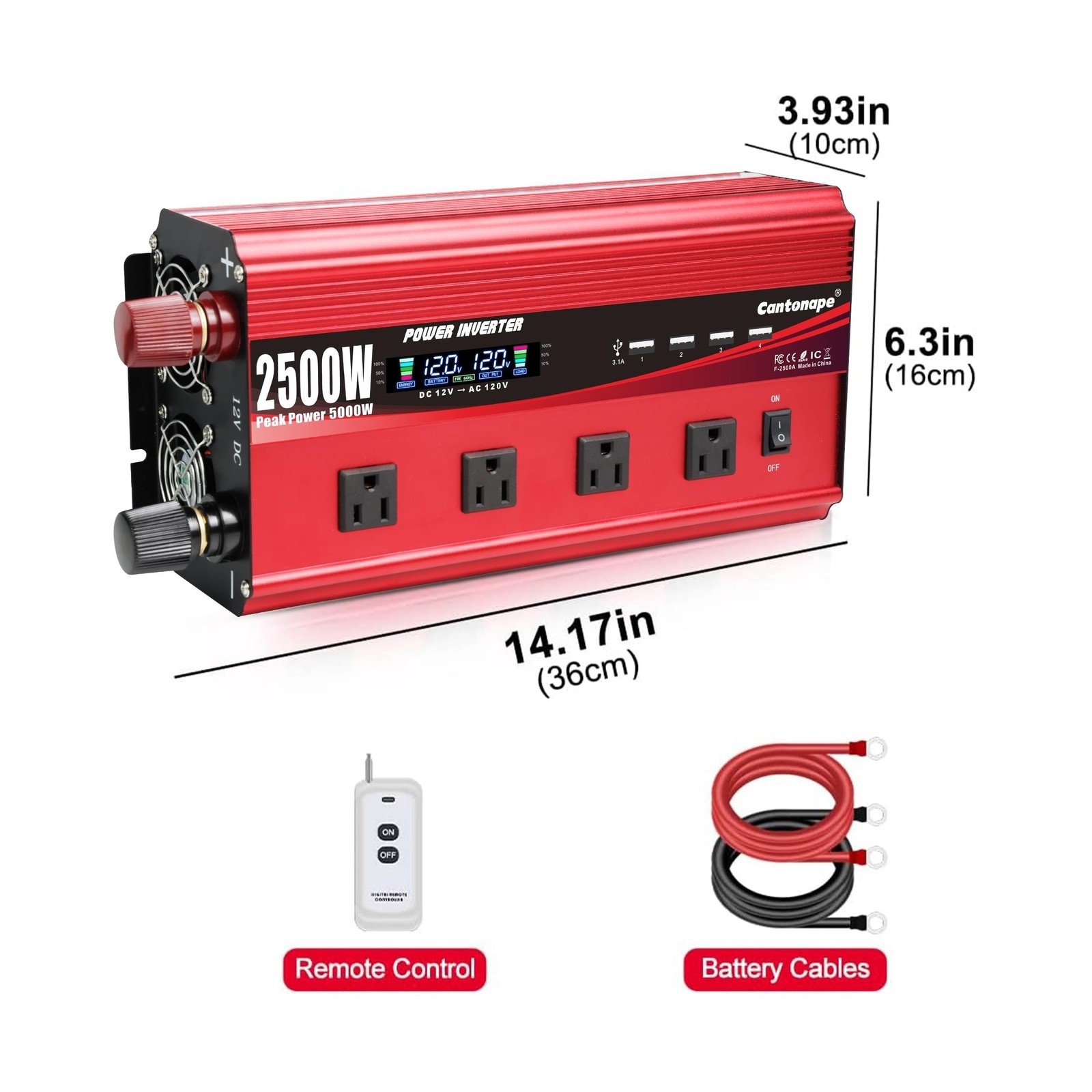 2500W Power Inverter 12V to 110V/120V DC to AC with LCD Display, Remote Contr…