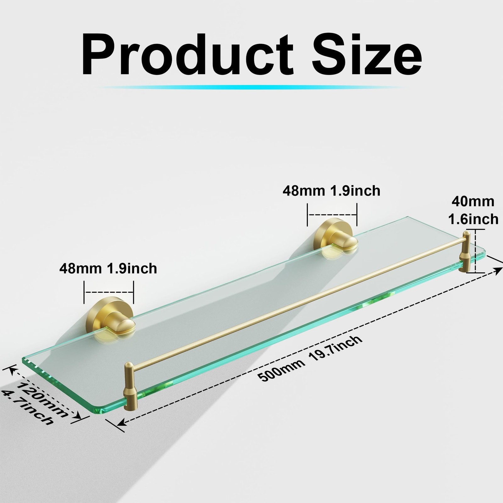 20 Inches Glass Shelves for Bathroom, Brushed Gold Floating Glass Shelf Stain…