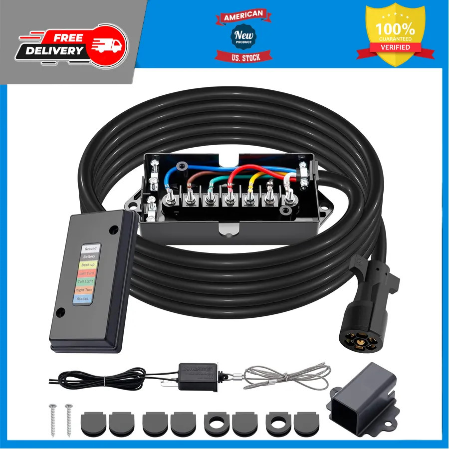 15ft 7 Way Trailer Wiring Harness Kit with Junction Box for RV and Camper