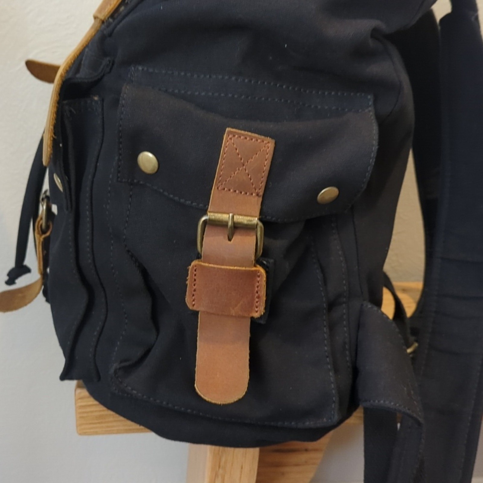 Kattee Black Leather Canvas Backpack Travel Bag