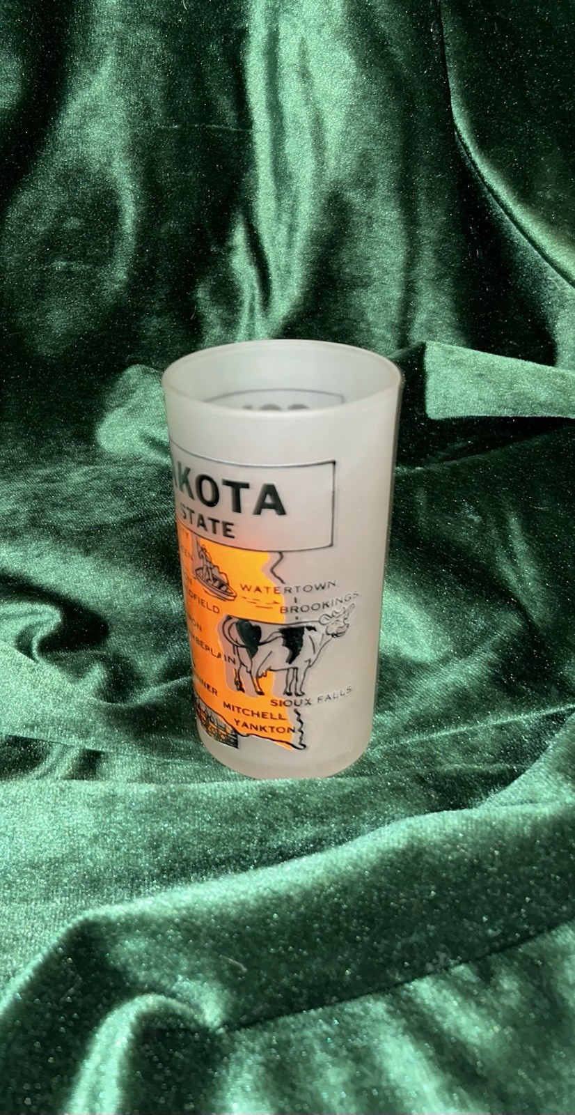 South Dakota Map Souvenir Glass White Orange Black Painted Decorated