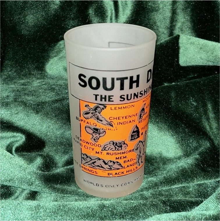 South Dakota Map Souvenir Glass White Orange Black Painted Decorated