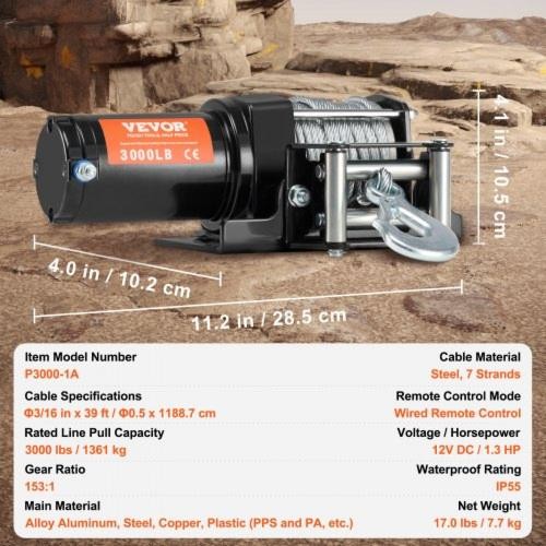 Electric Winch 3000 lb Line Pull Capacity 12V DC ATVUTV Winch with 316
