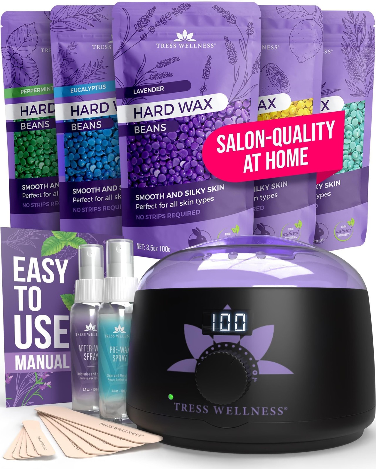Tress Wellness Waxing Kit for Sensitive Skin, Safe for Face & Skin, Prep & Af…