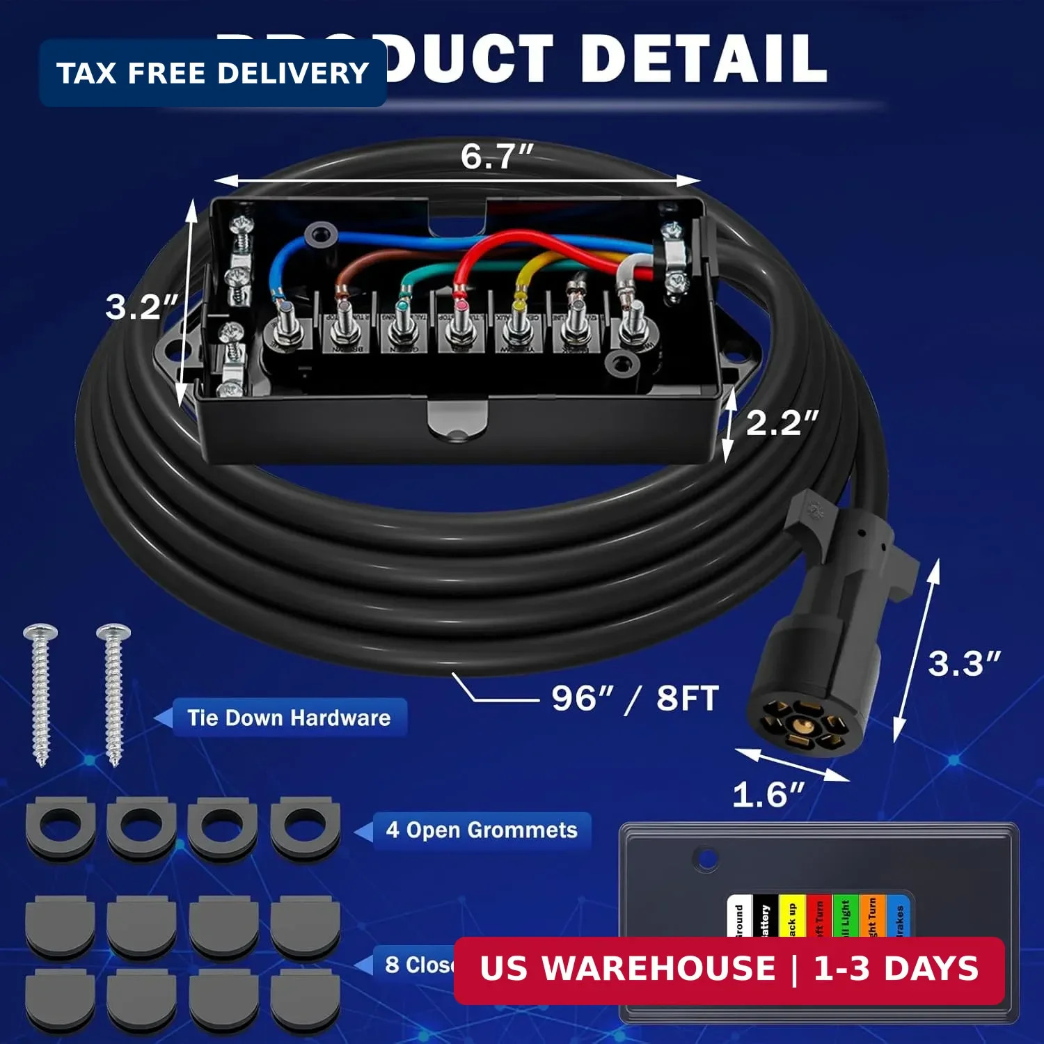 7 Way Trailer Wiring Harness Kit 8 Ft 7 Pin Trailer Plug with Junction Box