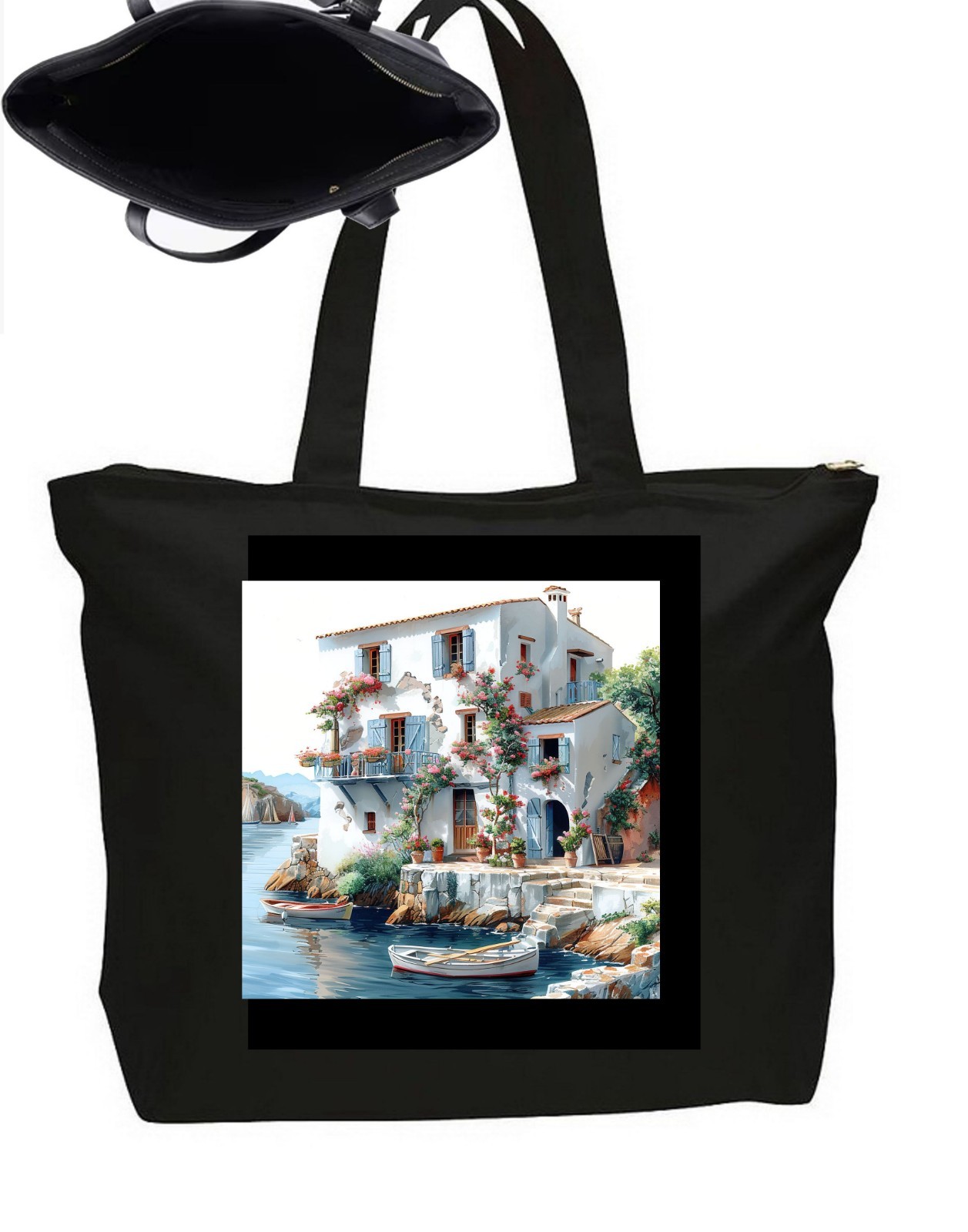 Seaside Ocean Greece Santorini Tote Bag Zipper Closure Travel Poster Art 20″