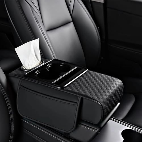 Car Center Console Cover Armrest Cushion Cup Holder Storage Phone Slot Black PU