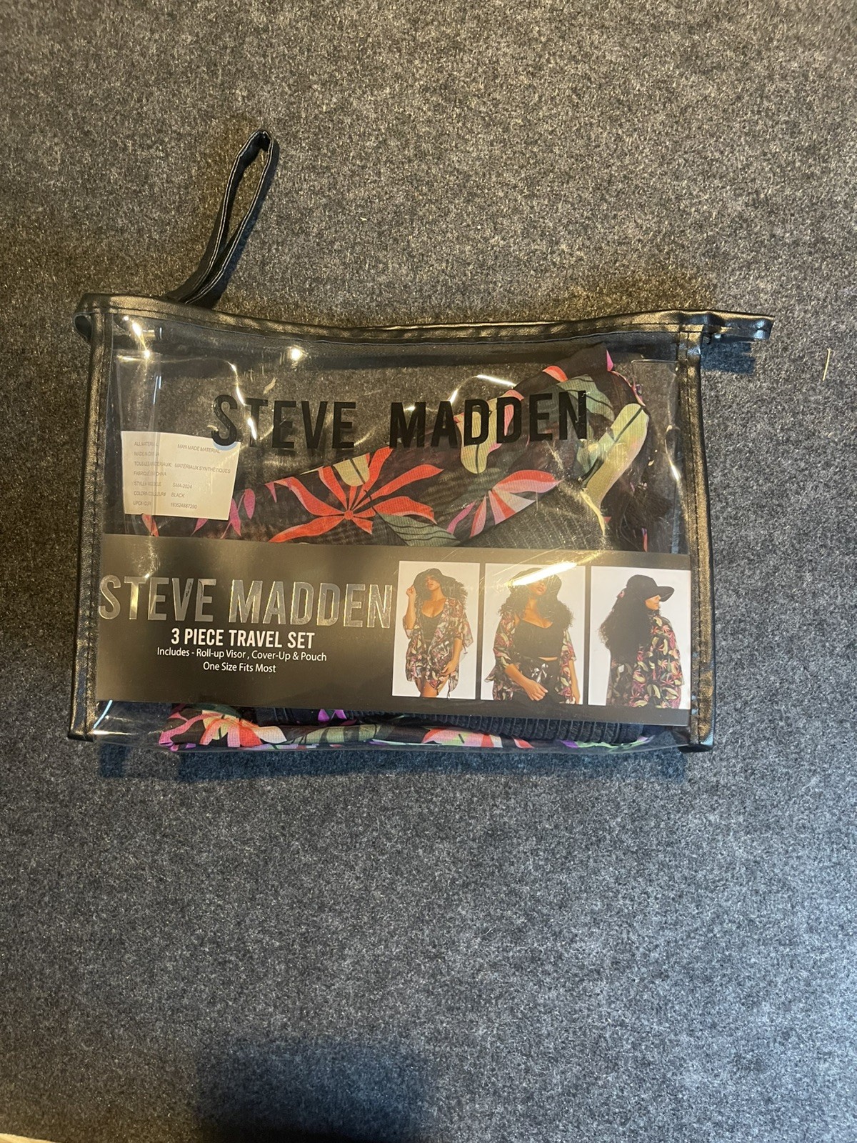 Steve Madden 3 Piece Beach Travel Set Packable Hat, Cover-Up & Pouch NEW