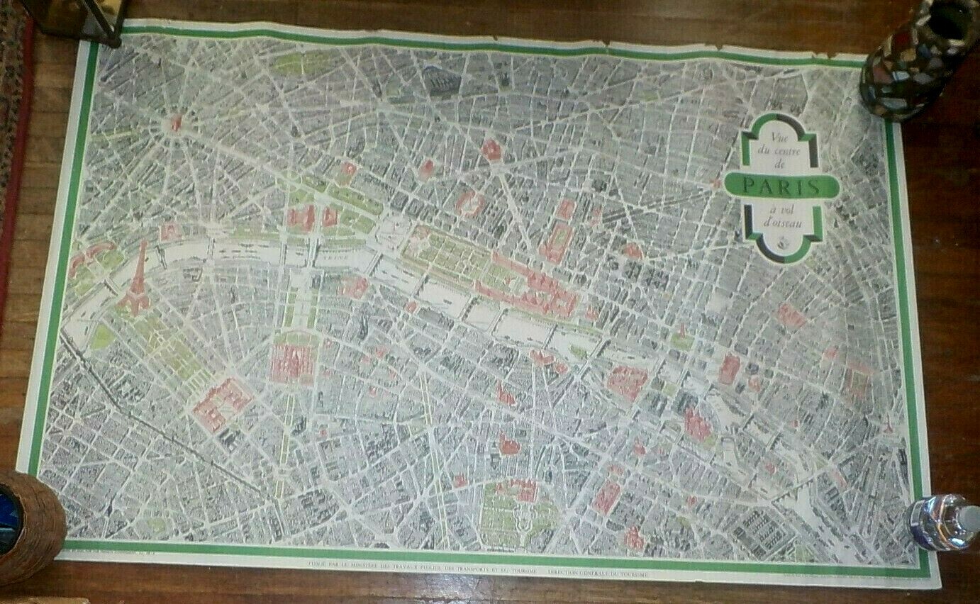 2 Vintage Original Paris France POSTER Aerial View Map 1958 Tourism Travel
