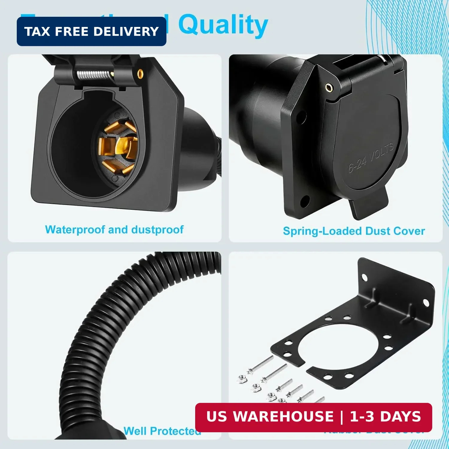 Premium 7 Pin Trailer Connector with Mounting Bracket，Heavy-Duty 7 Pin Trailer P