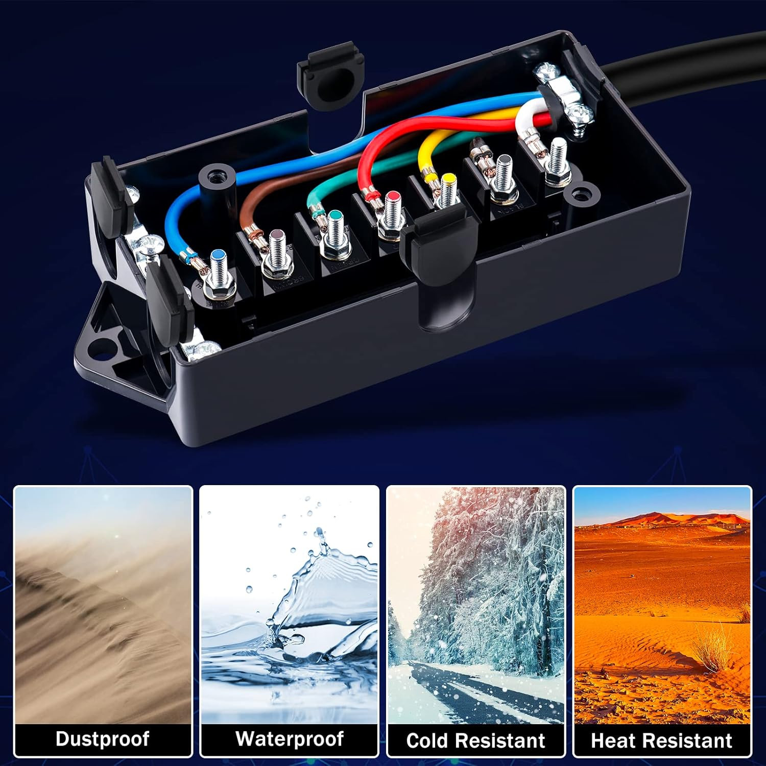 7 Way Trailer Cord and 7 Gang Junction Box Kit with 12V Breakaway Switch and Plu