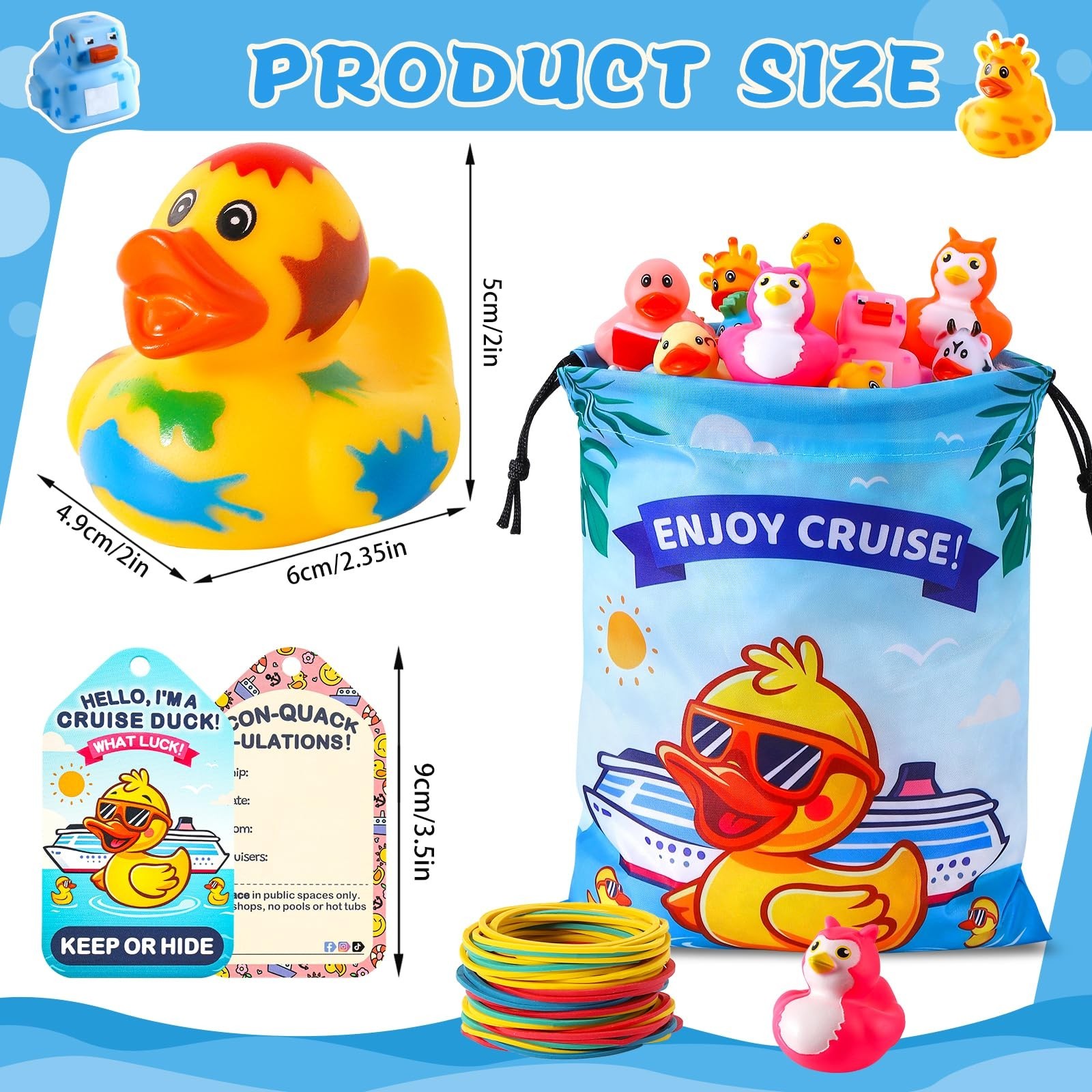 180 Pcs Cruise Rubber Duck Kits – Assorted Ducks, Tags, Bands & Storage Bag – Ca