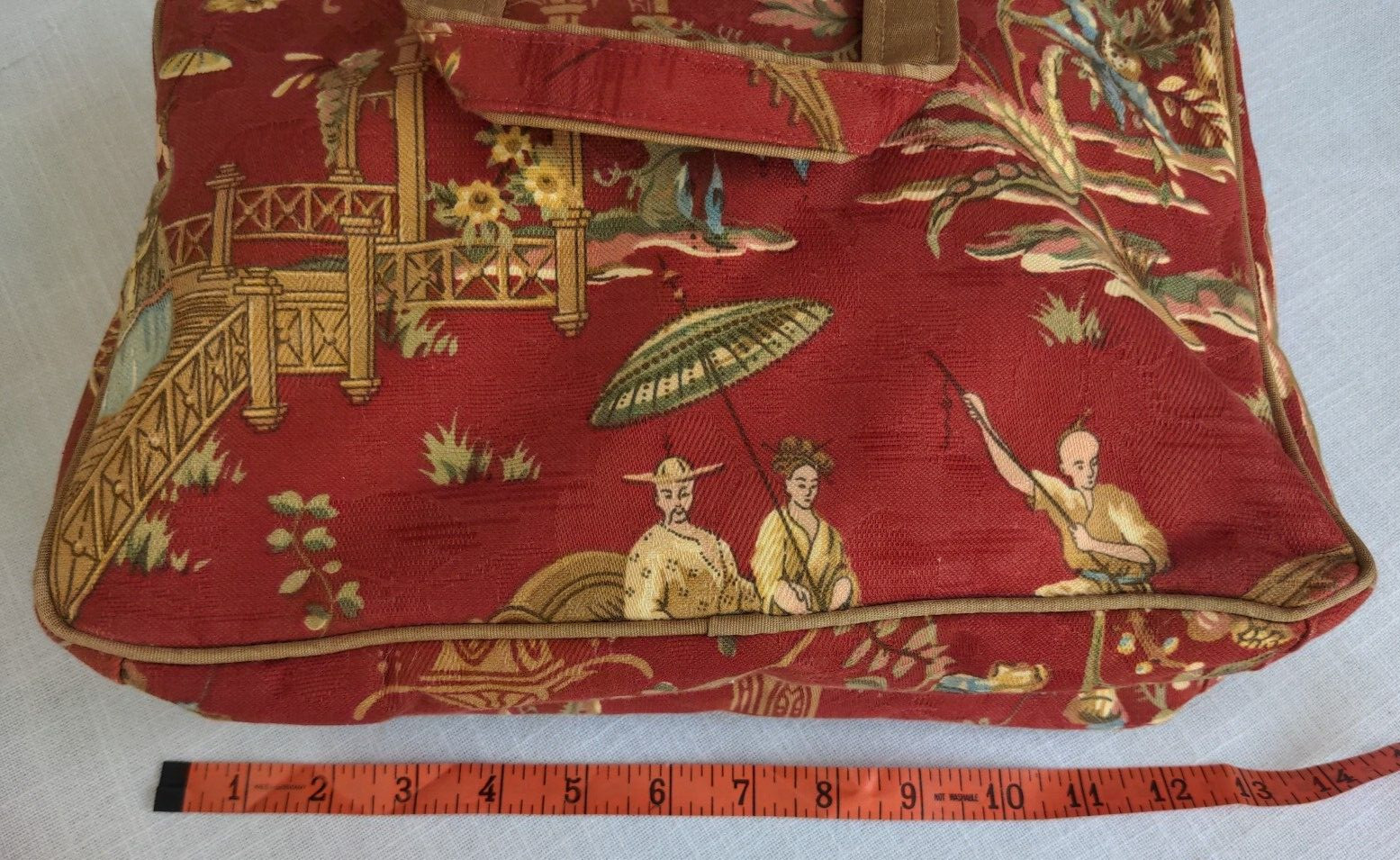 Modella 14″ Lrg Toiletry Travel Bag Organizer Red Gold Fabric Pagoda Asian Scene