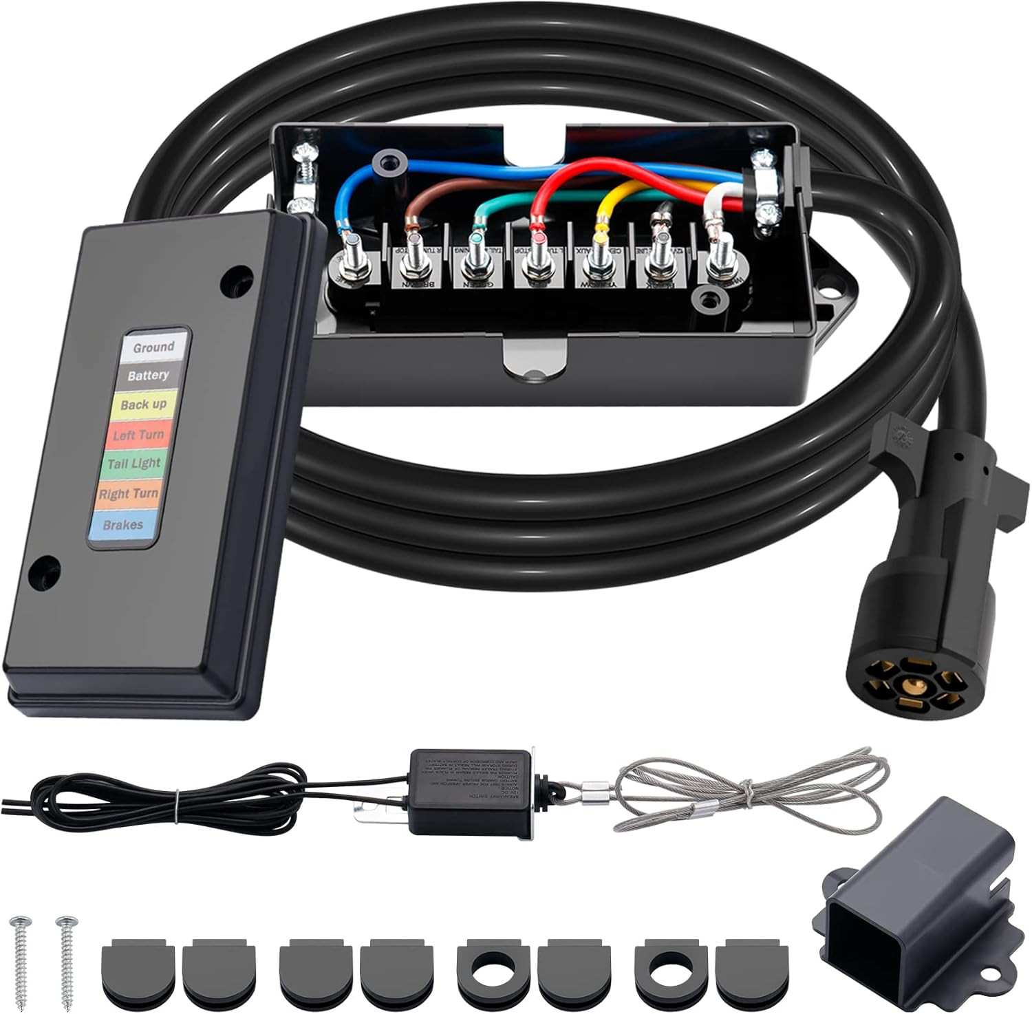 7 Way Trailer Cord and 7 Gang Junction Box Kit with 12V Breakaway Switch and Plu