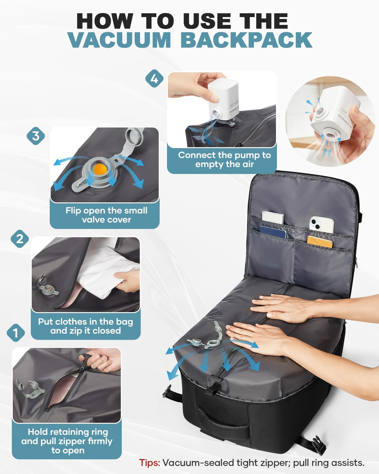 coofay Large Vacuum Backpack Travel with Pump Vacpack Travel Backpack with Va…