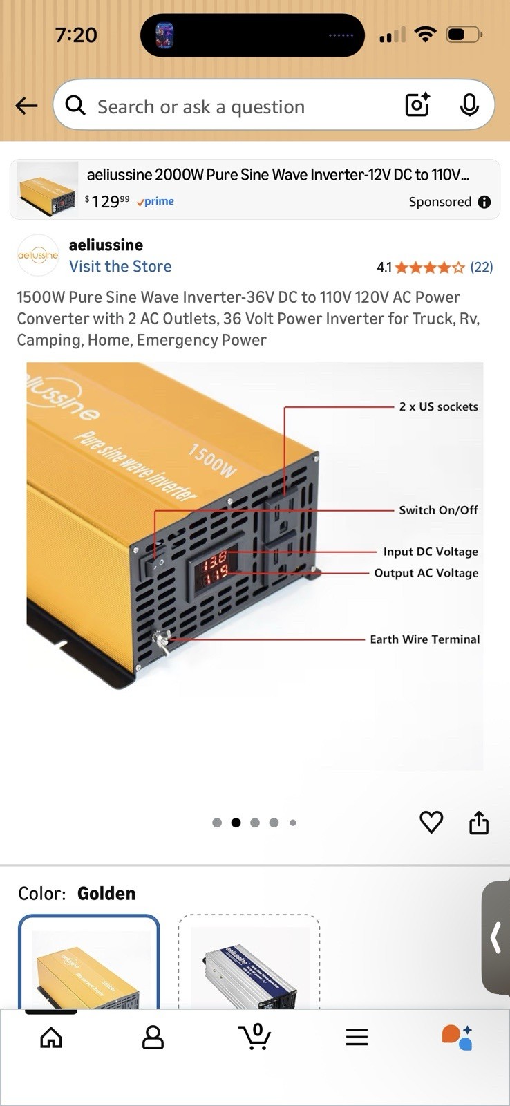 1500W Pure Sine Wave Inverter-36V DC to 110V 120V AC Power Converter with 2 A…