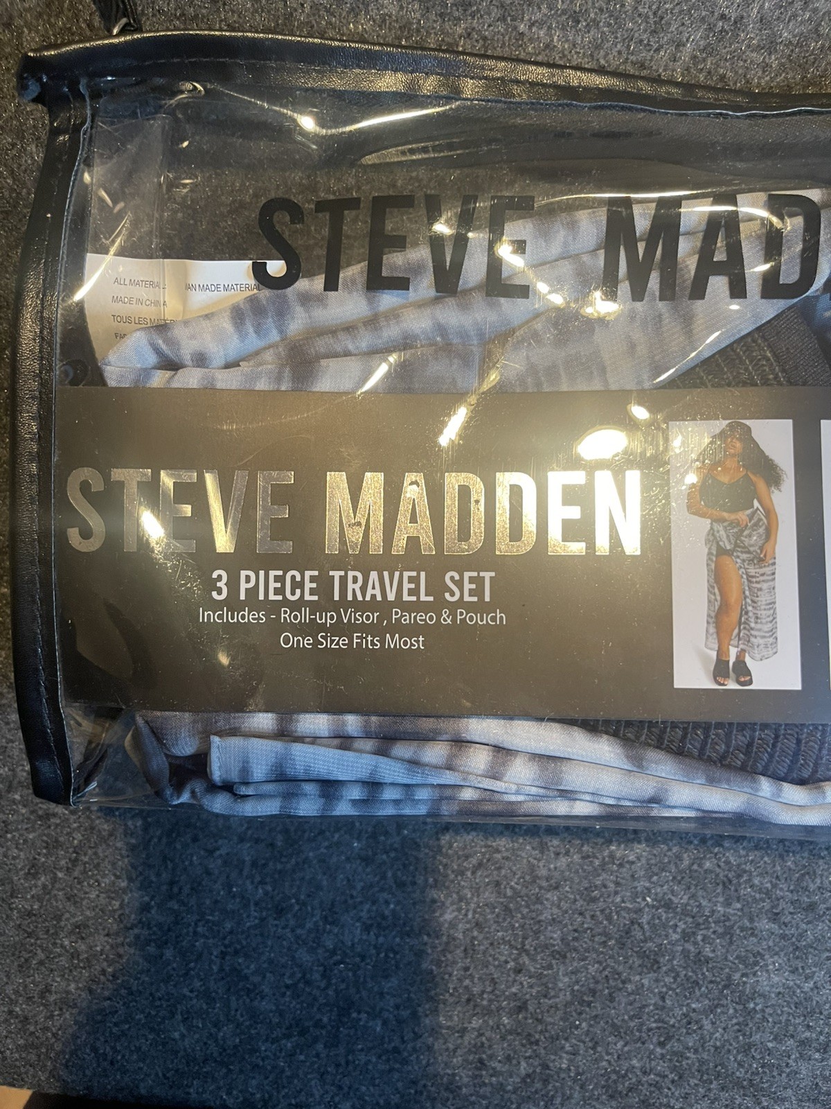 Steve Madden 3 Piece Beach Travel Set Packable Hat, Cover-Up & Pouch NEW